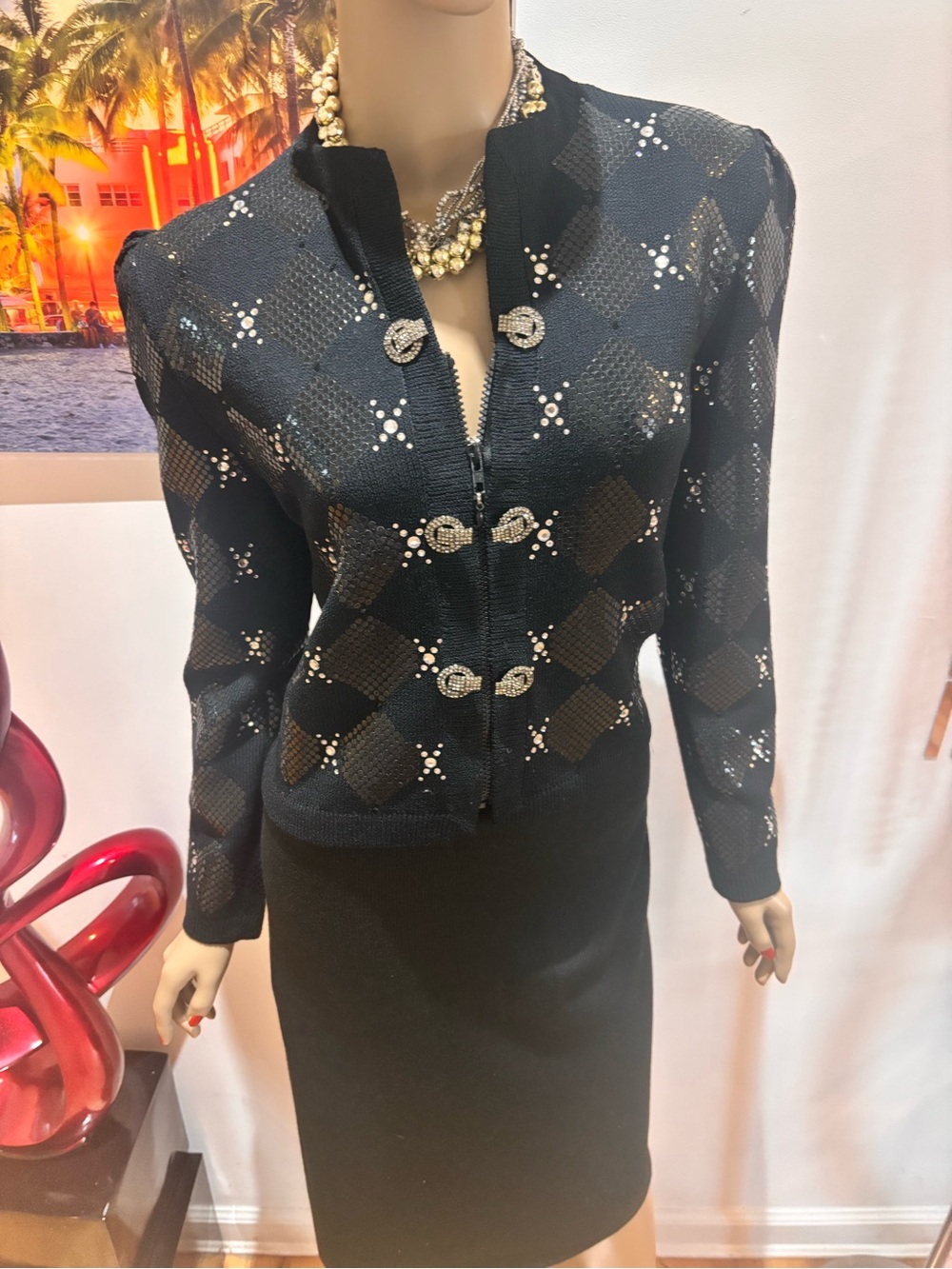 St. John Black Sequined Diamond Knit skirt suit paillettes studs 10 M crystals - Picture 5 of 14